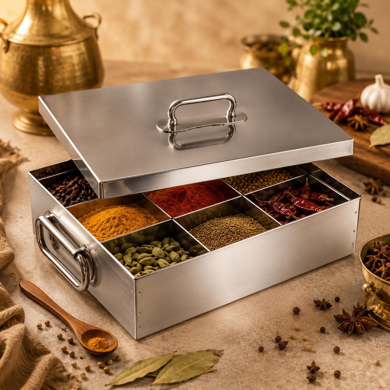 GURUBHAI EQUIPMENTS Stainless Steel Masala Peti | Compartments Spice Box | Masala Container | Spice Box for Kitchen, Restaurant & Hotel use