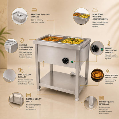 Gurubhai Equipments 1/2 2GN Electric Autocut Bain Marie Commercial Food Warmer Stainless Steel Steam Table Buffet Counter with Undershelf for Restaurant Catering