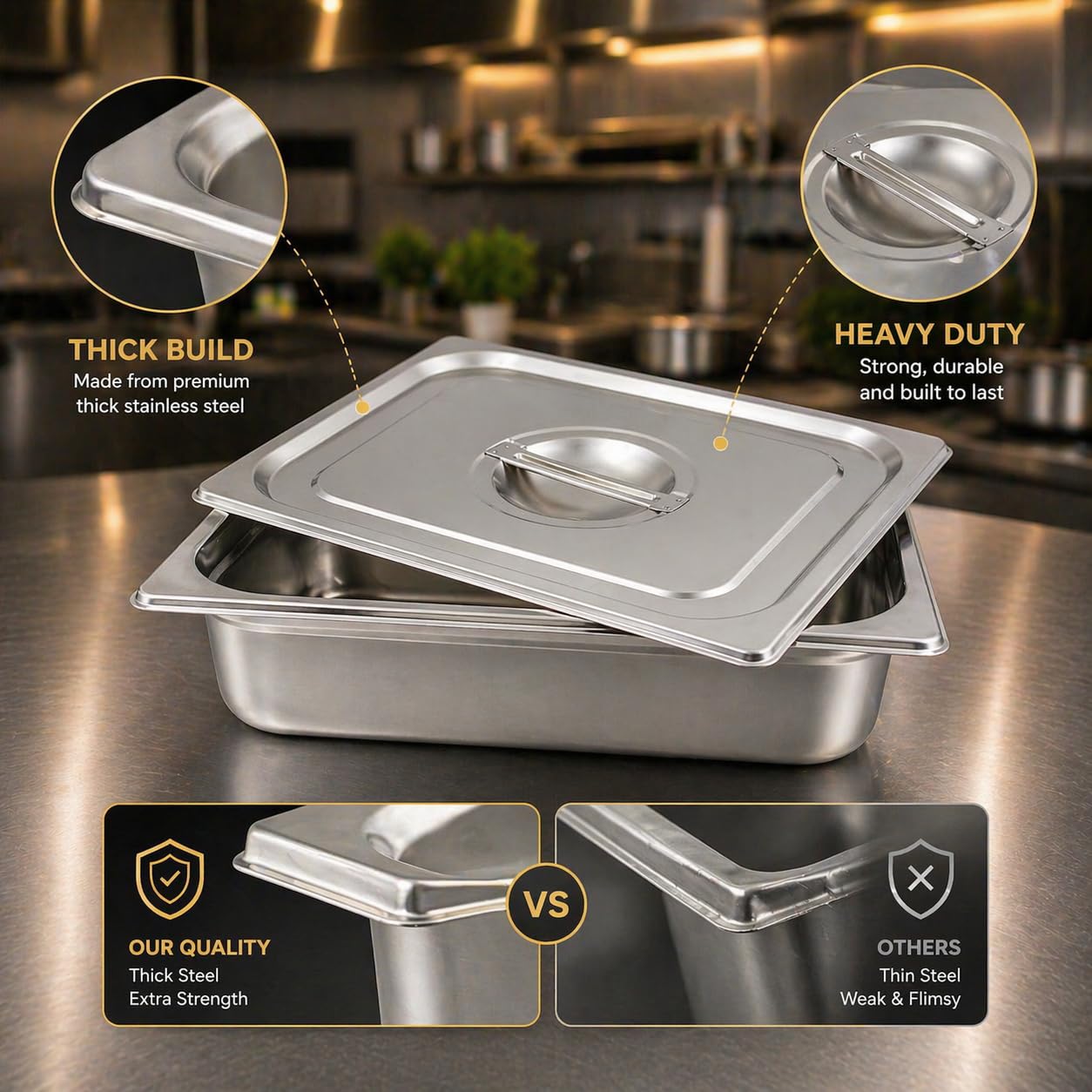 GURUBHAI EQUIPMENTS GN Pan Food Container 1/2 100 mm with lid Stainless Steel Gastronorm Pan with Lid, Easy-to-Clean Food Storage Solution for Commercial Kitchens & Catering Use