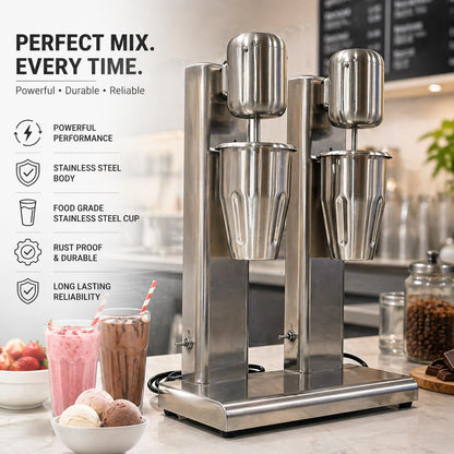Gurubhai Equipments Commercial Milkshake Maker | Heavy-Duty Double Mixer | Electric Blender Machine with Mixing Cups for Milkshakes, Smoothies, and Drinks