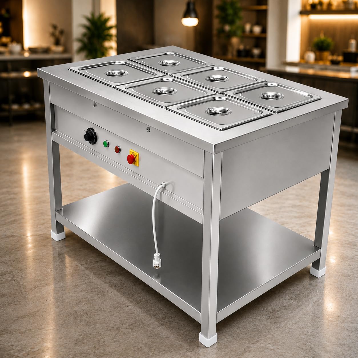 Gurubhai Equipments Electric Autocut Bain Marie Commercial Food Warmer Steam Table Buffet Counter with Undershelf for Restaurant Catering (ELC-BN-MR-6-GN)