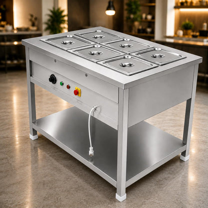 Gurubhai Equipments Electric Autocut Bain Marie Commercial Food Warmer Steam Table Buffet Counter with Undershelf for Restaurant Catering (ELC-BN-MR-6-GN)