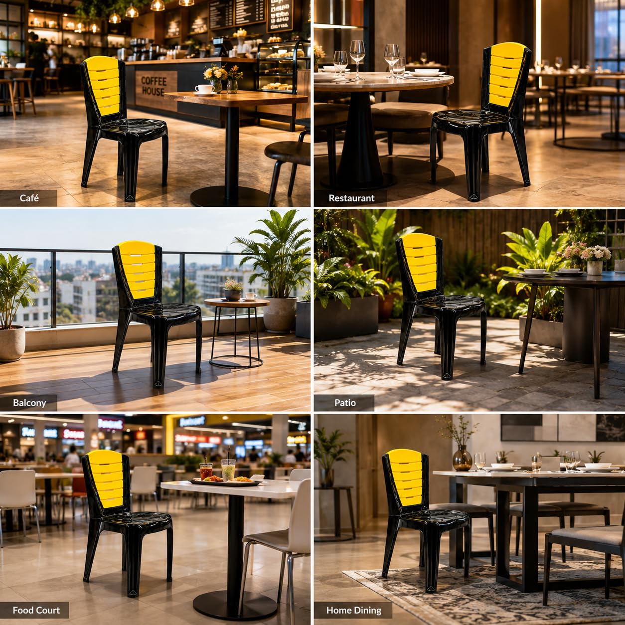GURUBHAI EQUIPMENTS Plastic Dining Chair Restaurant Chair Cafe Chair for Home Dining Room Indoor Outdoor Seating Yellow Pack of 4