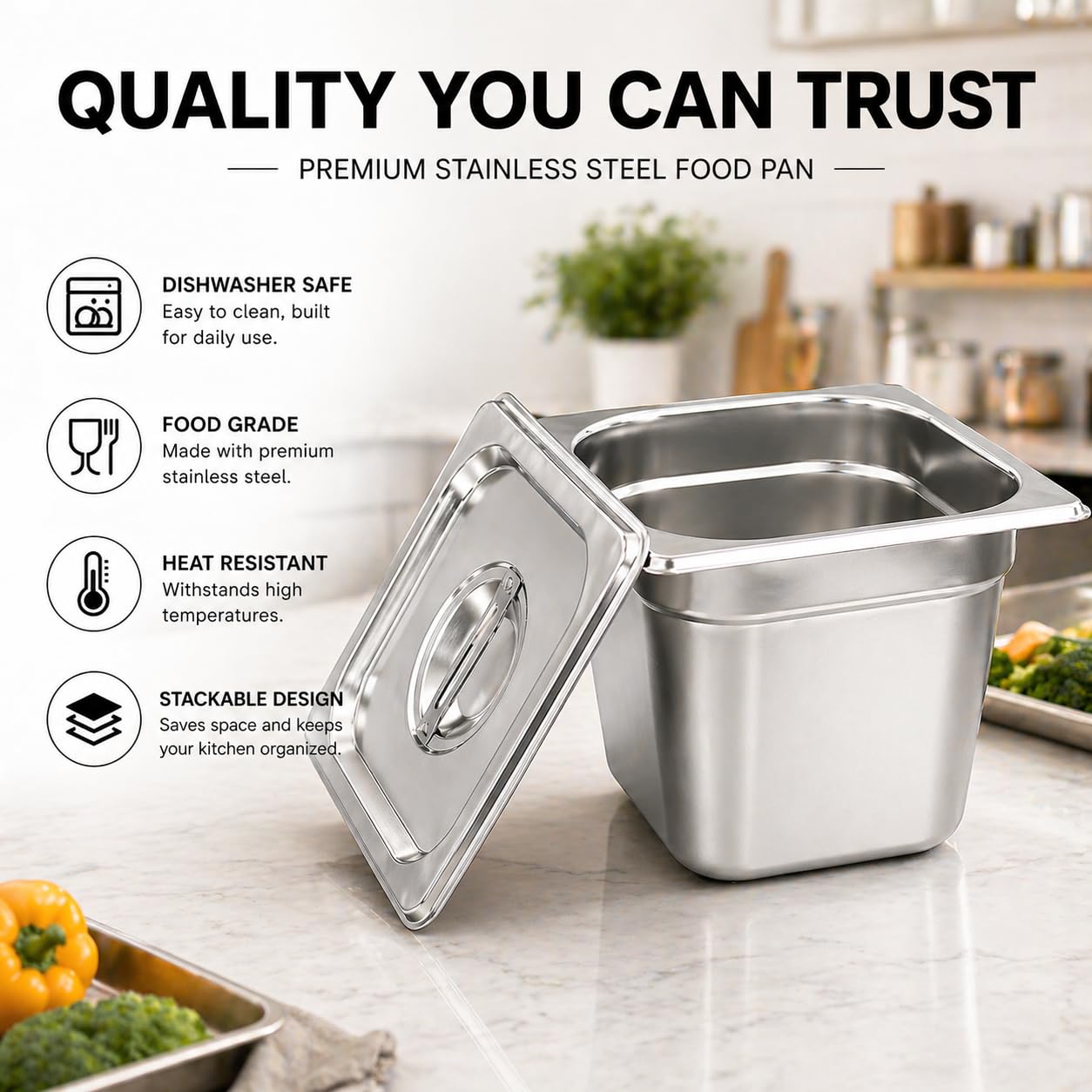 GURUBHAI EQUIPMENTS GN Pan Food Container 1/6 150 mm with lid Stainless Steel Gastronorm Pan with Lid, Easy-to-Clean Food Storage Solution for Commercial Kitchens & Catering Use