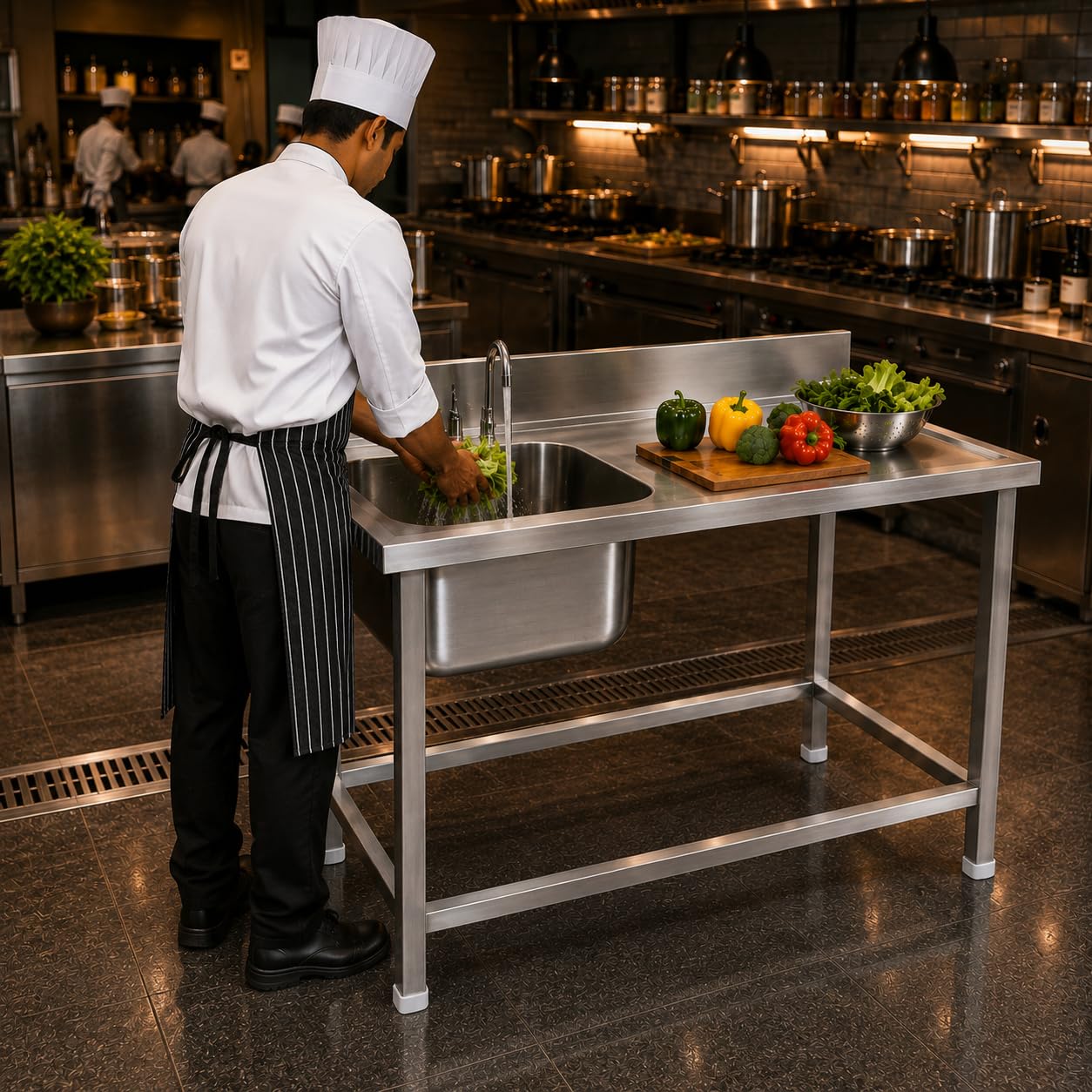 Gurubhai Equipments Stainless Steel Sink Table with Left Side Sink & Worktop | Heavy-Duty Commercial Kitchen Sink with Backsplash & Undercounter Space | Ideal for Restaurants, Hotels & Catering Use