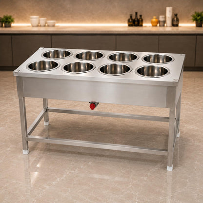 Gurubhai Equipments 8 Pot Electric Bain Marie Commercial Steam Table Food Warmer Stainless Steel Buffet Serving Counter for Restaurant Catering