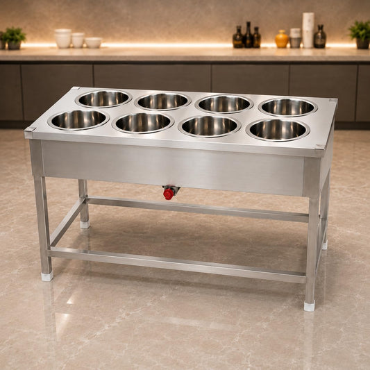 Gurubhai Equipments 8 Pot Electric Bain Marie Commercial Steam Table Food Warmer Stainless Steel Buffet Serving Counter for Restaurant Catering