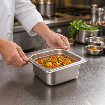 GURUBHAI EQUIPMENTS GN Pan Food Container 1/6 100mm (4" Deep) Stainless Steel Gastronorm Pan, Easy-to-Clean Food Storage Solution for Commercial Kitchen & Catering Use