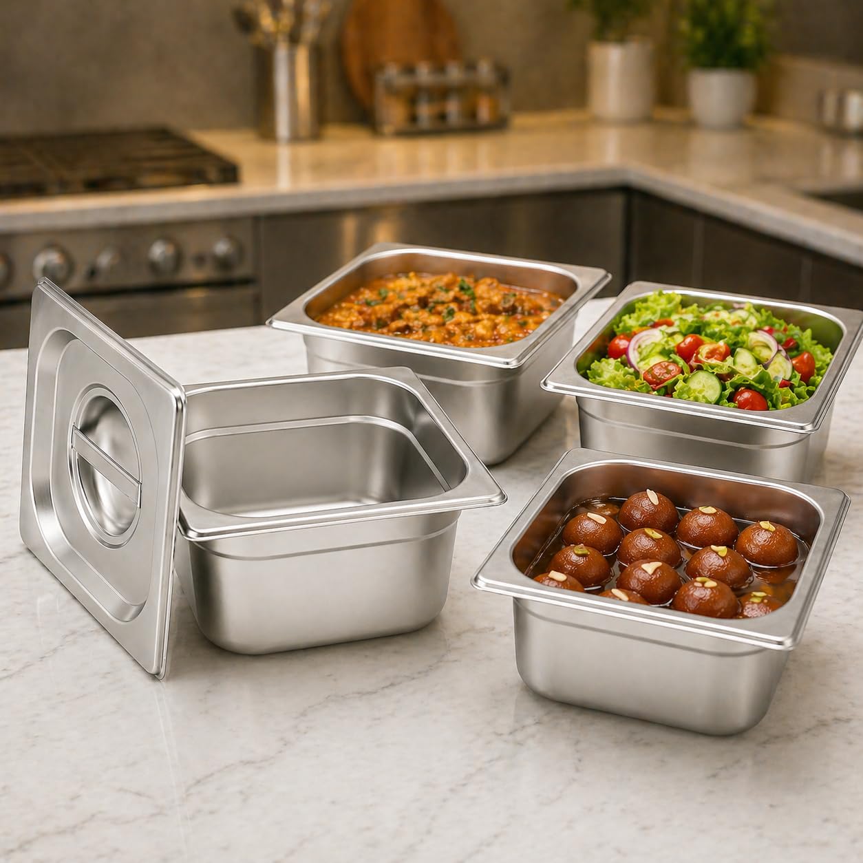 GURUBHAI EQUIPMENTS GN Pan Food Container 1/6 100 mm with lid Stainless Steel Gastronorm Pan with Lid, Easy-to-Clean Food Storage Solution for Commercial Kitchens & Catering Use