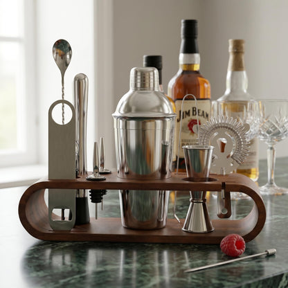 Gurubhai Equipments Cocktail Shaker Set with Wooden Stand Professional Bar Tool Kit Martini Shaker Bartender Set for Home Bar Party Cocktail Mixing (COCTL-Set-SLV)