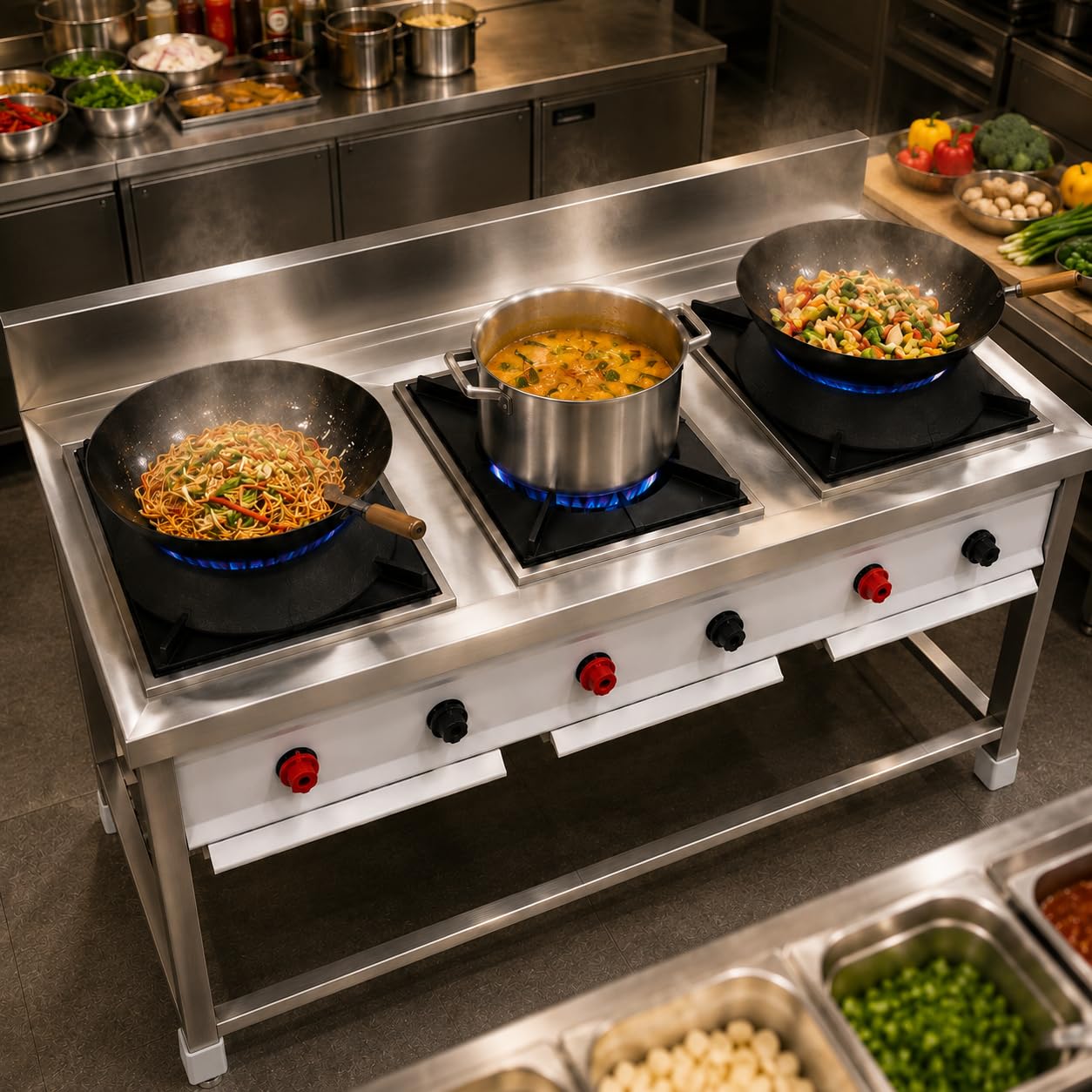 Gurubhai Equipments Stainless Steel Commercial Single Burner Gas Stove Table with Worktop Backsplash & Under Shelf for Hotel Restaurant Kitchen