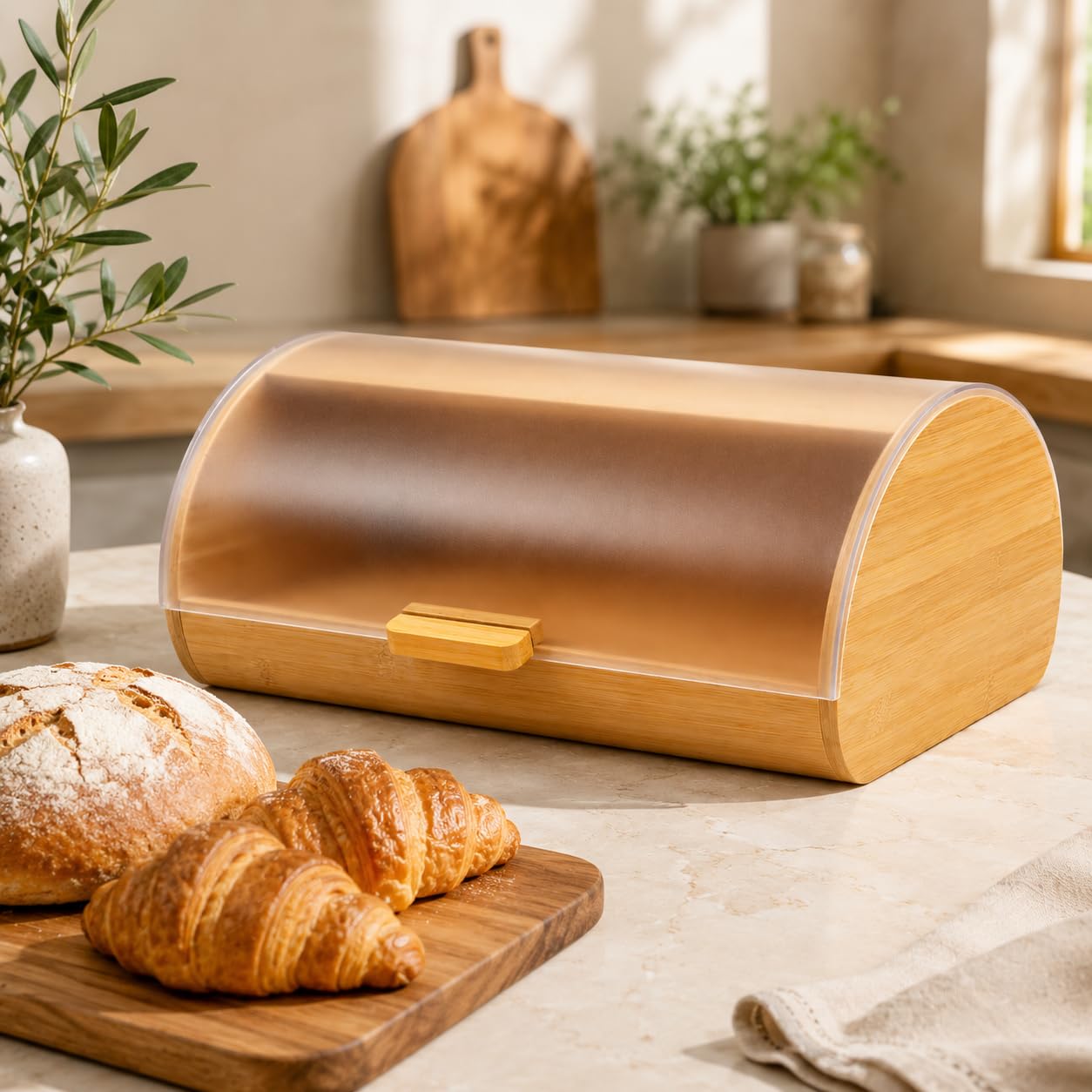 GURUBHAI EQUIPMENTS Bamboo Bread Box with Roll Top Cover | Large Bread Storage Box for Kitchen Counter | Keeps Bread Fresh | Modern Wooden Bread Bin for Home & Cafes
