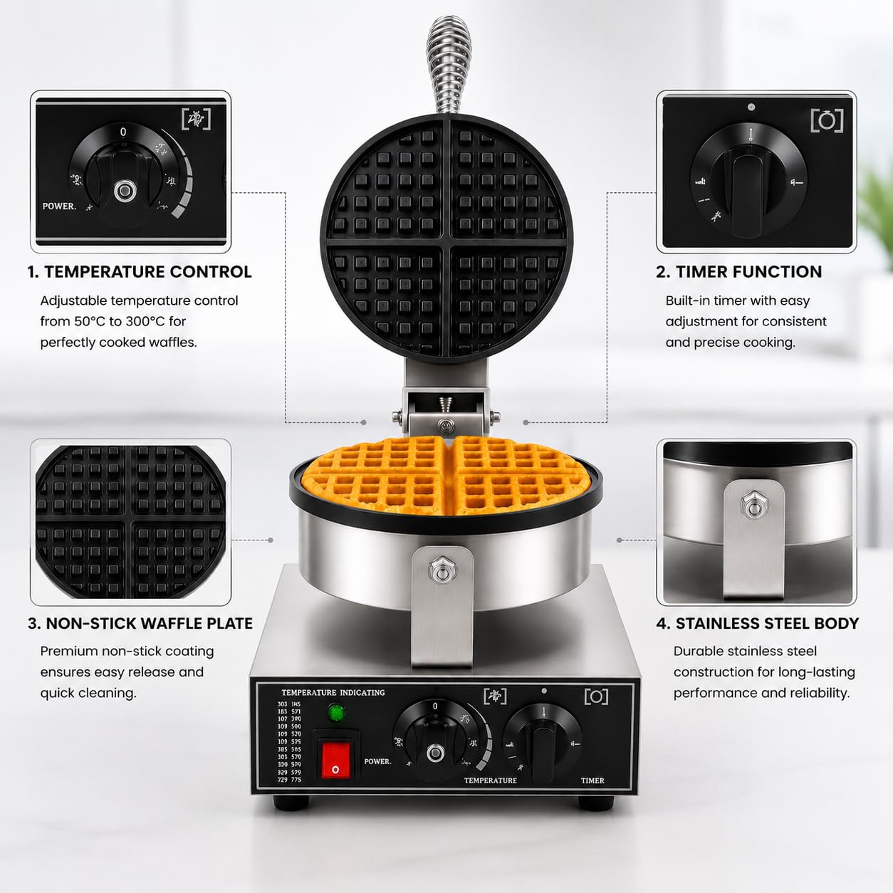 Gurubhai Equipments Commercial Waffle Maker Machine, Electric Belgian Waffle Baker, Professional Waffle Machine for Cafe Bakery Restaurant Food Stall