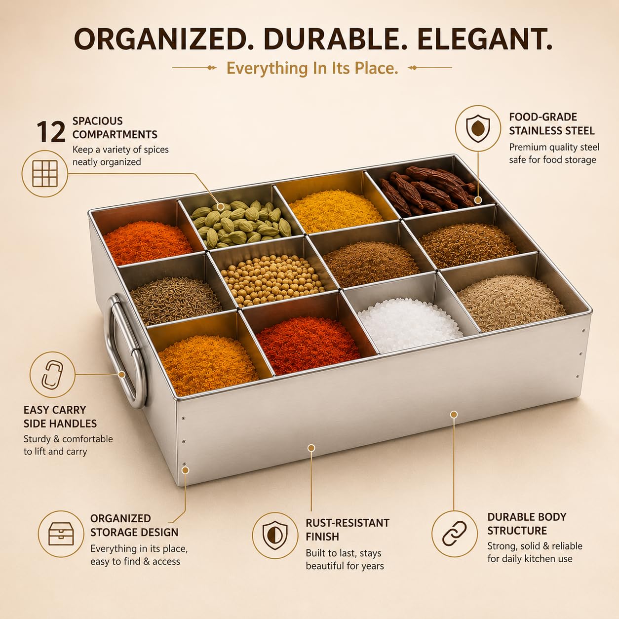 GURUBHAI EQUIPMENTS Stainless Steel Masala Peti | Compartments Spice Box | Masala Container | Spice Box for Kitchen, Restaurant & Hotel use