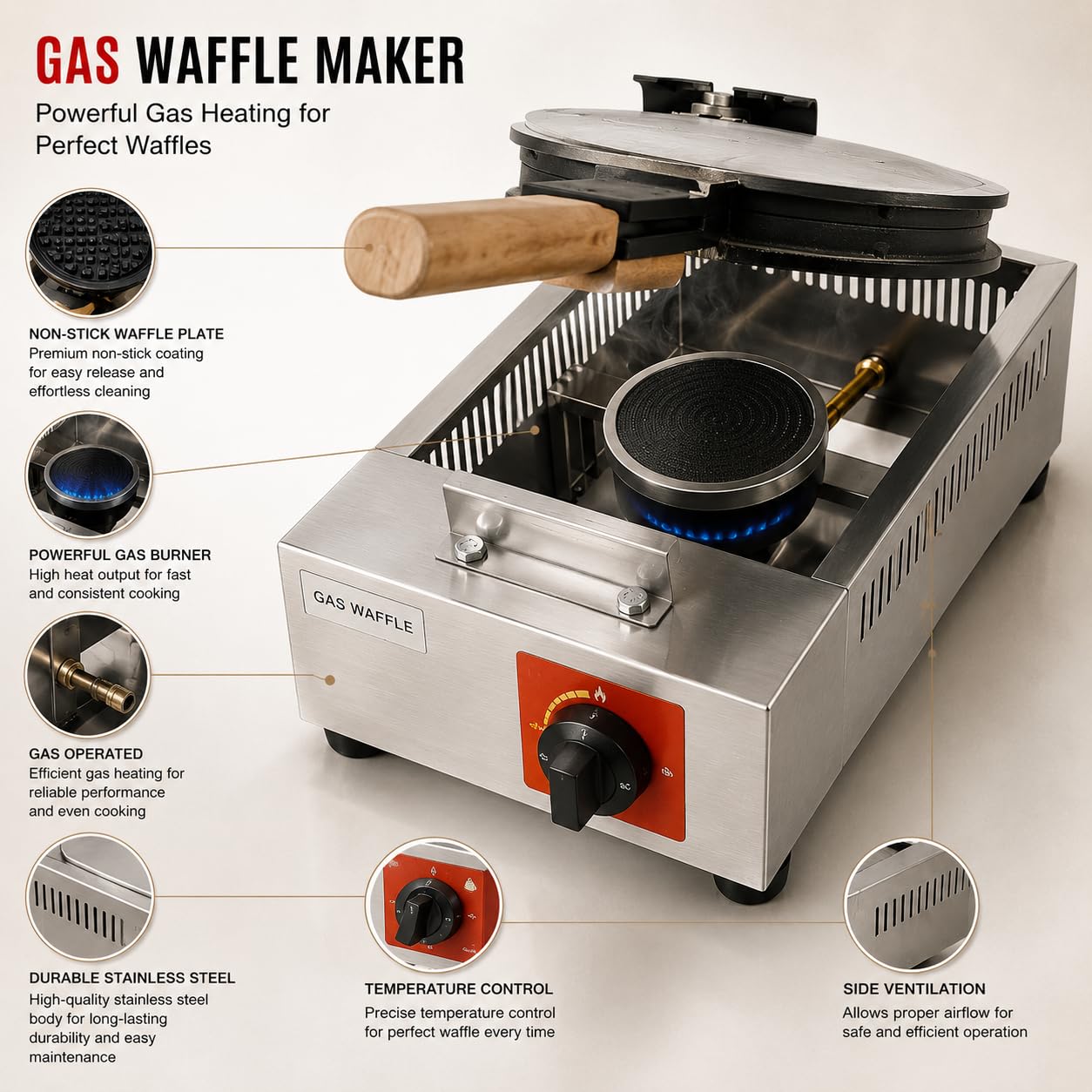 Gurubhai Equipments Wooden Handle Round Belgian Gas Waffle, Machine Commercial Belgian Waffle Maker, Heavy Duty Waffle Baker for Cafe Bakery