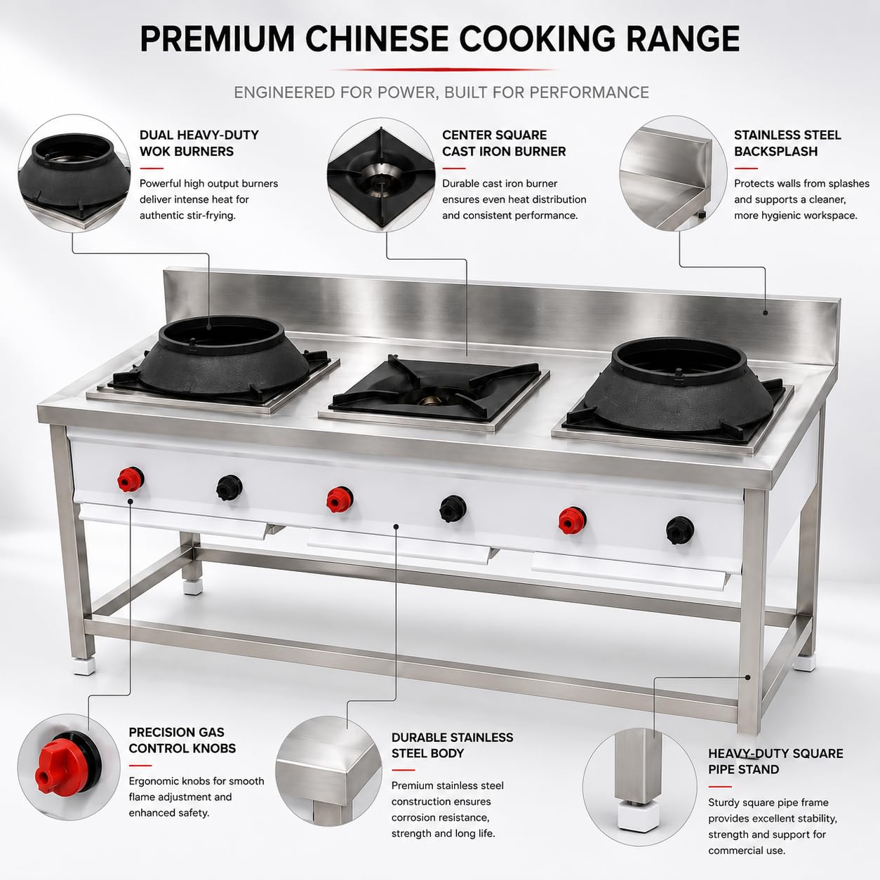 Gurubhai Equipments Stainless Steel Commercial Single Burner Gas Stove Table with Worktop Backsplash & Under Shelf for Hotel Restaurant Kitchen