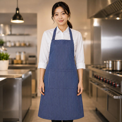 GURUBHAI EQUIPMENTS Blue Striped Chef Apron with Front Pocket | Cooking & Kitchen Apron for Men & Women | Durable Fabric Apron for Home, Restaurant & Café Use