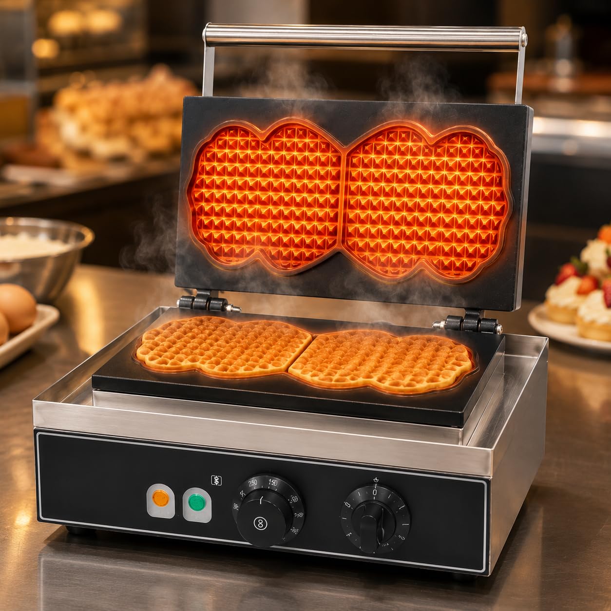 Gurubhai Equipments 2PCS Round Waffle Machine, Commercial Electric Waffle Maker Machine, Professional Belgian Waffle Maker for Cafe Bakery