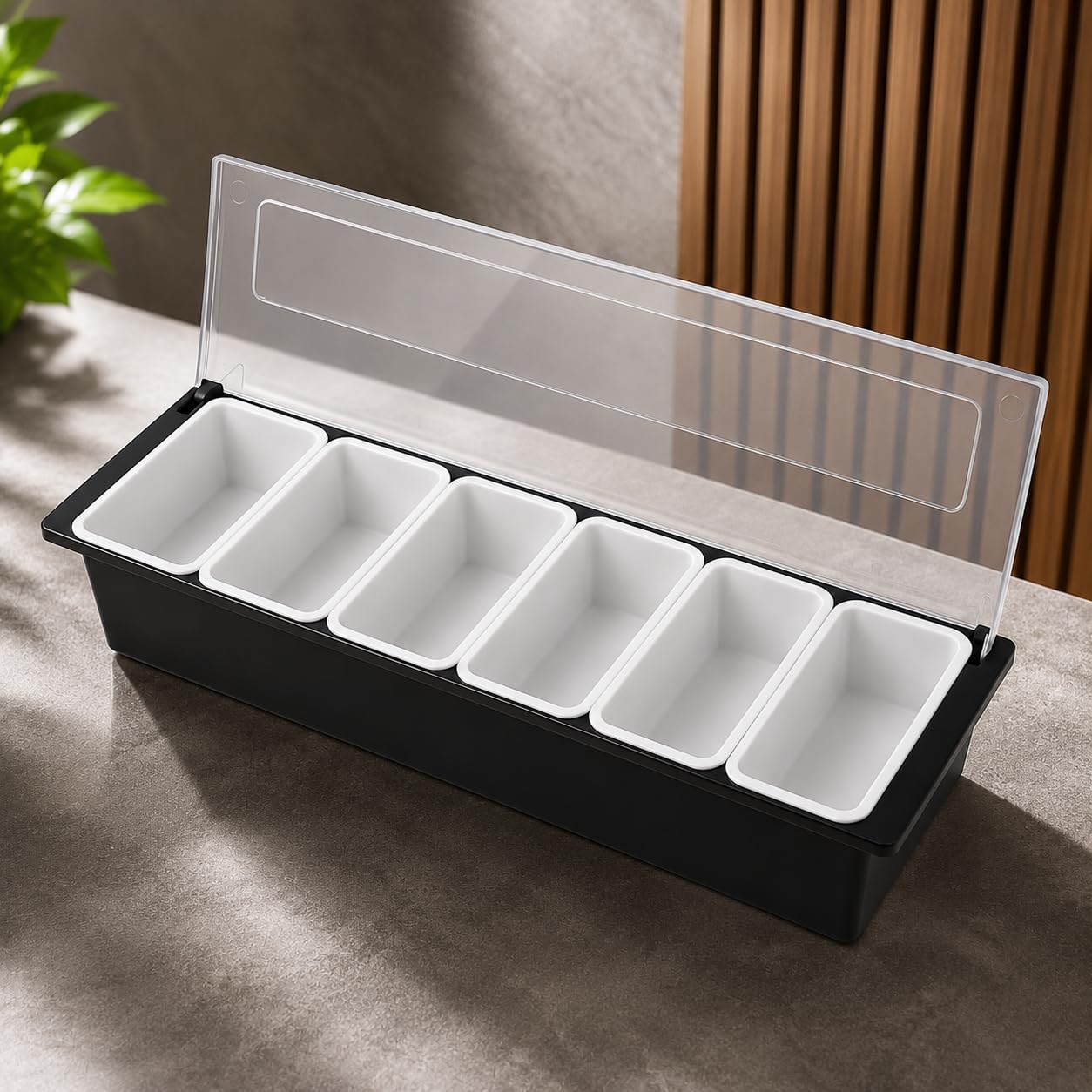 GURUBHAI EQUIPMENTS 4-Compartment Condiment Dispenser with Lid | Salad Bar Container for Restaurant, Buffet, Catering & Home Use | Food Prep Station Organizer with Removable Containers