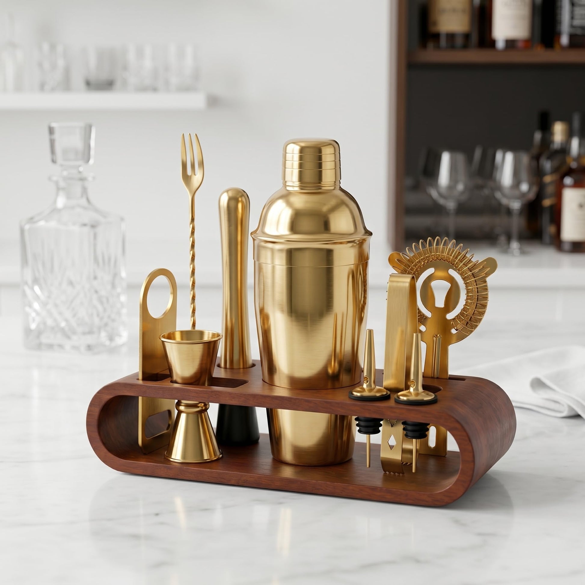 Gurubhai Equipments Cocktail Shaker Set with Wooden Stand Professional Bar Tool Kit Martini Shaker Bartender Set for Home Bar Party Cocktail Mixing