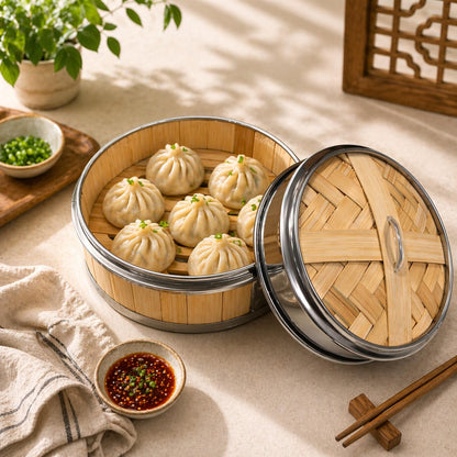 Gurubhai Equipments Bamboo Stainless Steel 16 Cm Steamer Basket with Lid – 1 Tier Round | Traditional Wooden Steamer for Momos, Dim Sum, Dumplings & Vegetables | Eco-Friendly Food Steamer for Healthy Cooking