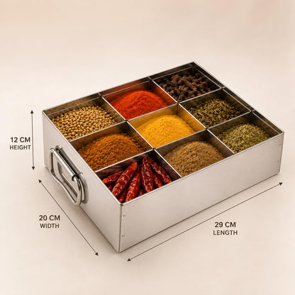 GURUBHAI EQUIPMENTS Stainless Steel Masala Peti 9 Compartments Spice Box Masala Dabba Kitchen Storage Container
