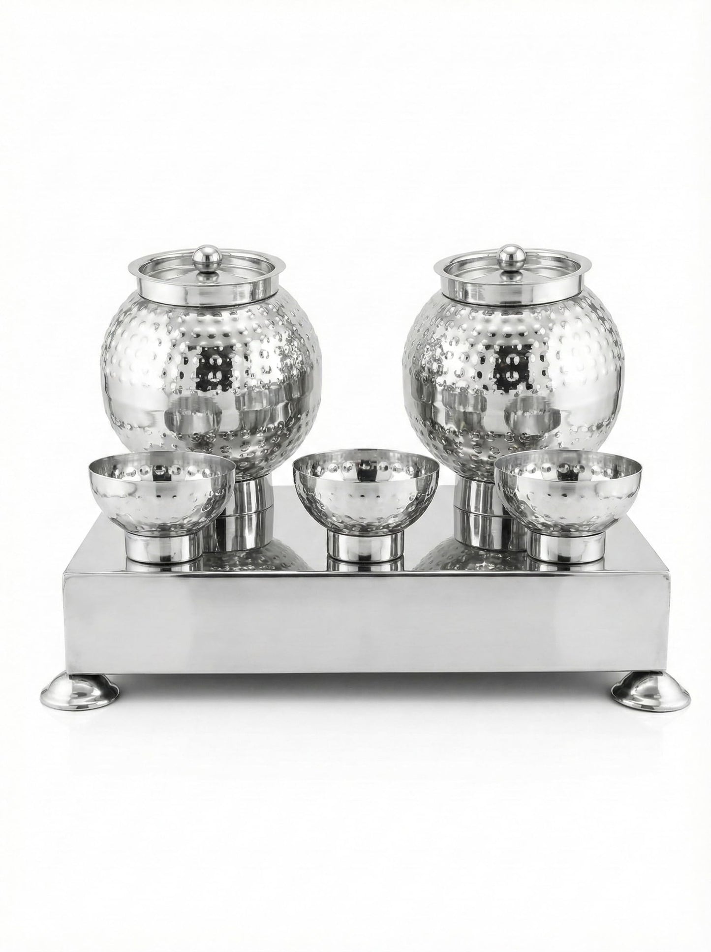 Gurubhai Equipments Hammered Stainless Steel Pani Puri Matka Set – 2 Water Matkas & 3 Serving Bowls