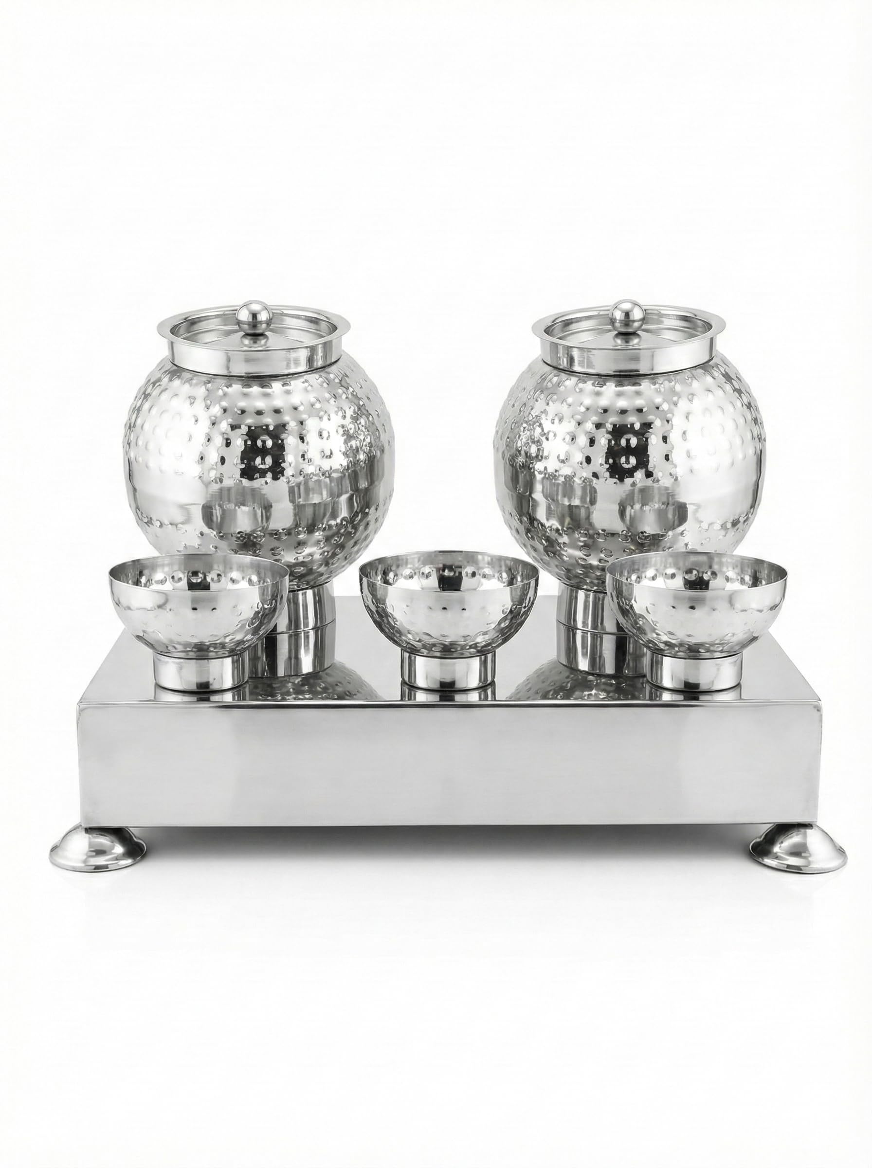 Gurubhai Equipments Hammered Stainless Steel Pani Puri Matka Set – 2 Water Matkas & 3 Serving Bowls
