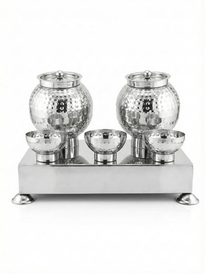Gurubhai Equipments Hammered Stainless Steel Pani Puri Matka Set – 2 Water Matkas & 3 Serving Bowls