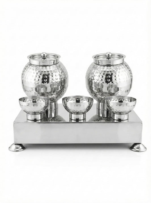 Gurubhai Equipments Hammered Stainless Steel Pani Puri Matka Set – 2 Water Matkas & 3 Serving Bowls