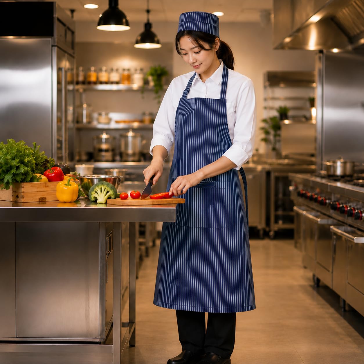 GURUBHAI EQUIPMENTS Blue Striped Chef Apron with Chef Hat Set | Adjustable Unisex Kitchen Apron with Front Pocket | Durable, Easy‑Wash Professional Uniform for Restaurants, Cafés, Catering, Home