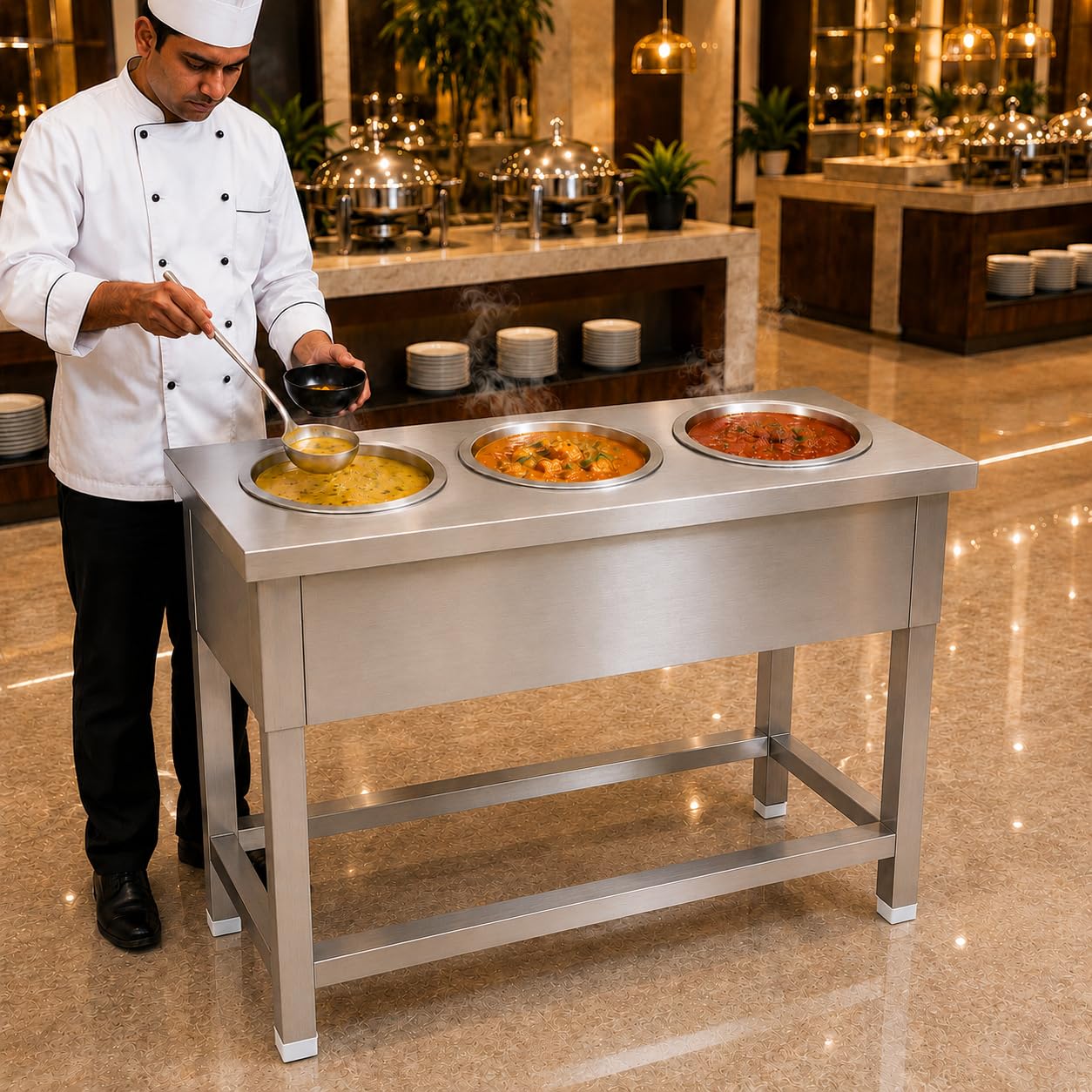 Gurubhai Equipments 3 Pot Electric Bain Marie Commercial Food Warmer Stainless Steel Steam Table Buffet Counter for Restaurant Catering