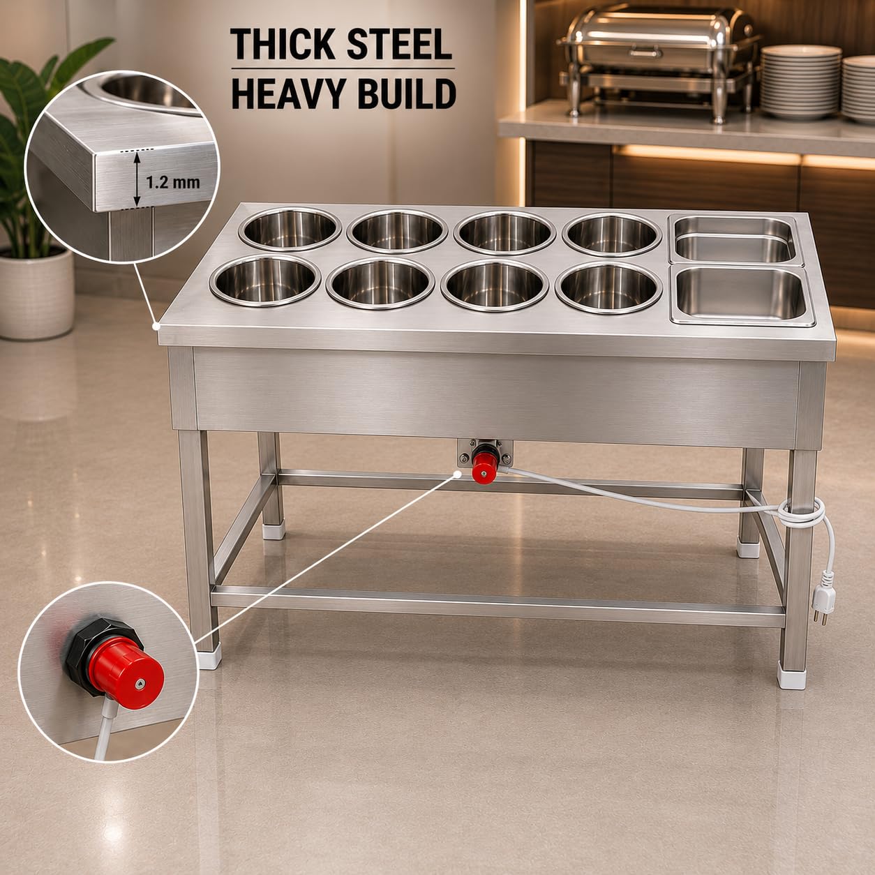 Gurubhai Equipments 6+2 Electric Bain Marie Counter – Commercial Stainless Steel Food Warmer with 6 Round Pots & 2 GN Pans for Buffet, Restaurant, Hotel & Catering Service