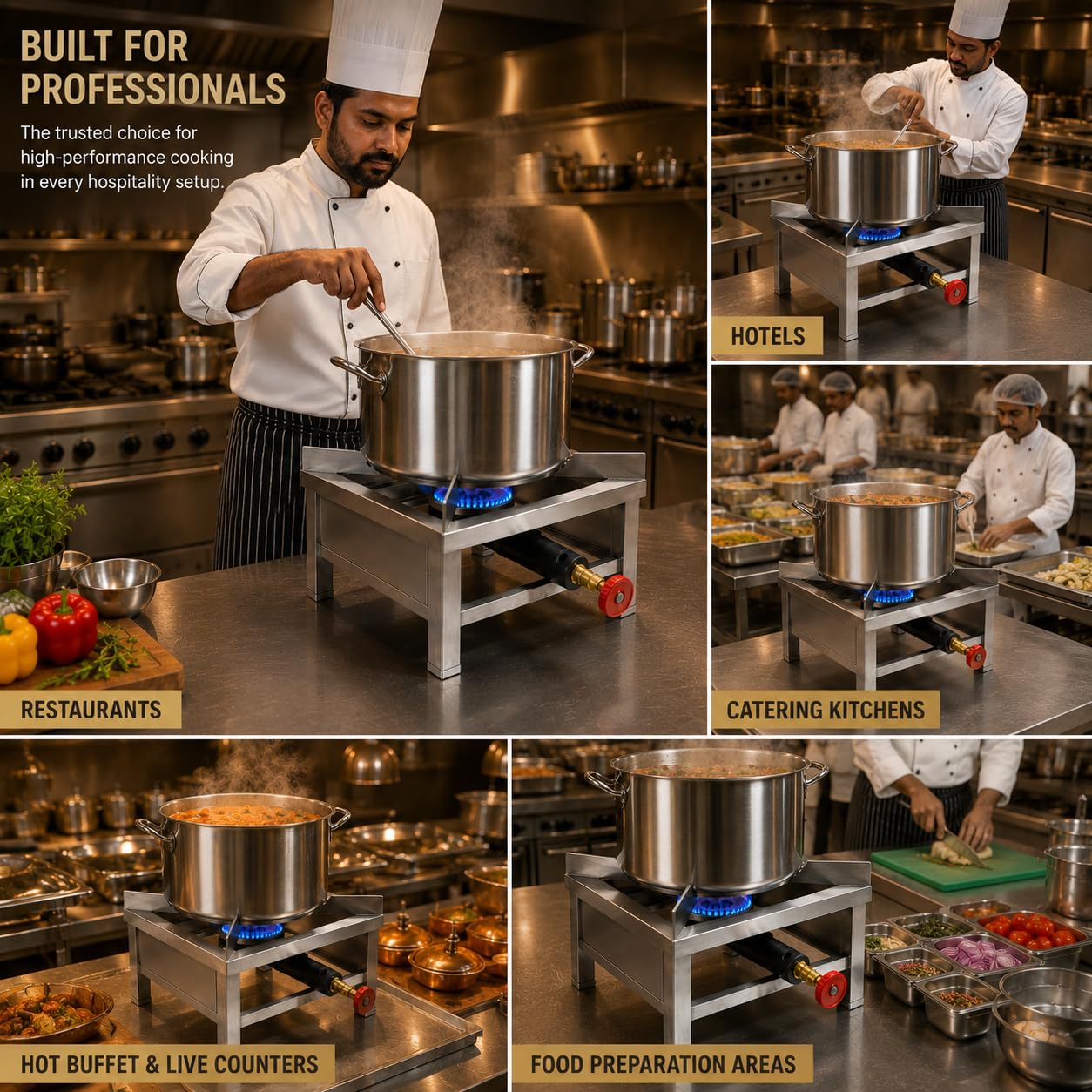 Gurubhai Equipments Square Catering Burner 10x10 Inch Heavy Duty LPG Gas Stove Stainless Steel Commercial Cooking Burner for Hotel Restaurant Catering Kitchen