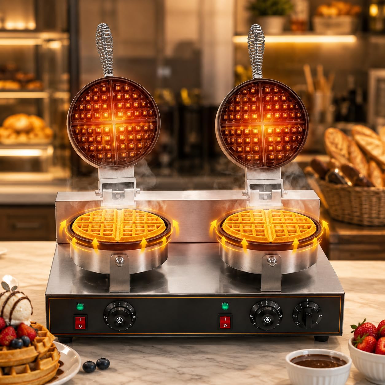 Gurubhai Equipments Double Head Round Belgian Waffle Machine, Commercial Electric Waffle Maker Machine, Professional Belgian Waffle Baker for Cafe Bakery