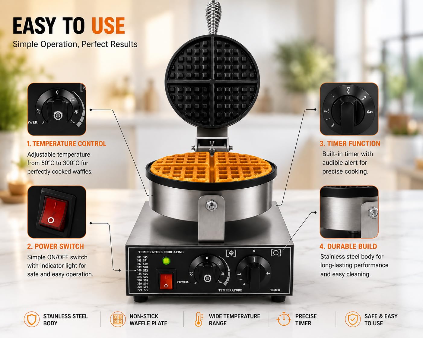 Gurubhai Equipments Commercial Waffle Maker Machine, Electric Belgian Waffle Baker, Professional Waffle Machine for Cafe Bakery Restaurant Food Stall