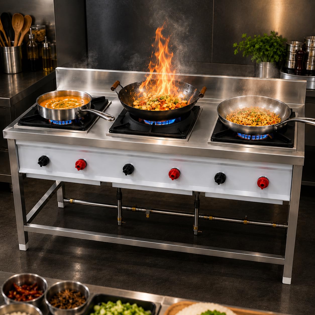 Gurubhai Equipments Stainless Steel Commercial Single Burner Gas Stove Table with Worktop Backsplash & Under Shelf for Hotel Restaurant Kitchen