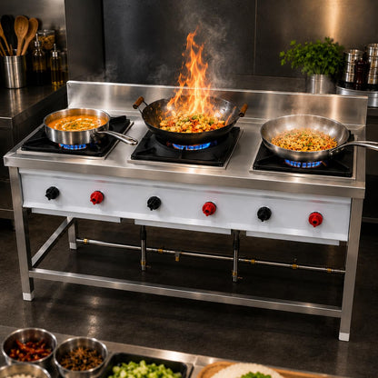 Gurubhai Equipments 3 Burner Stainless Steel Commercial Gas Stove with 1 Chinese Burner & 2 Single Burners Heavy Duty Cooking Range for Hotel Restaurant Kitchen