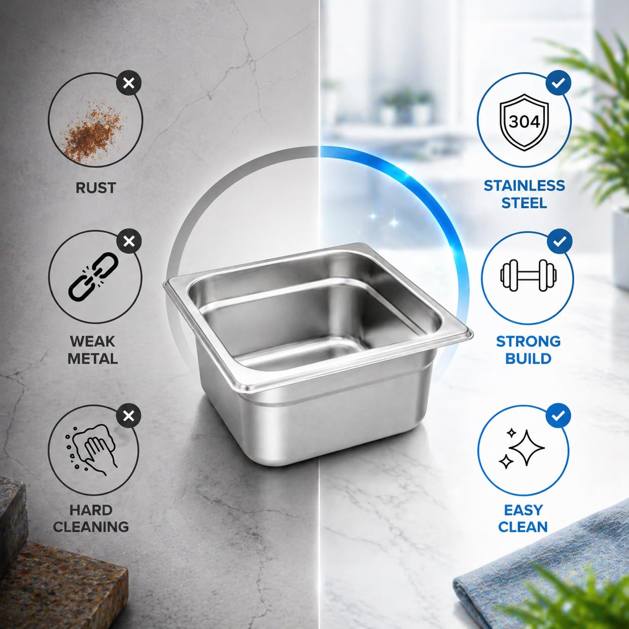 GURUBHAI EQUIPMENTS GN Pan Food Container 1/6 100mm (4" Deep) Stainless Steel Gastronorm Pan, Easy-to-Clean Food Storage Solution for Commercial Kitchen & Catering Use