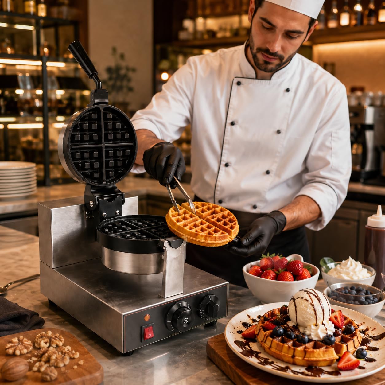 Gurubhai Equipments Round Rotating Waffle Machine, Commercial Electric Belgian Waffle Maker, Rotary Waffle Baker for Cafe Bakery Restaurant