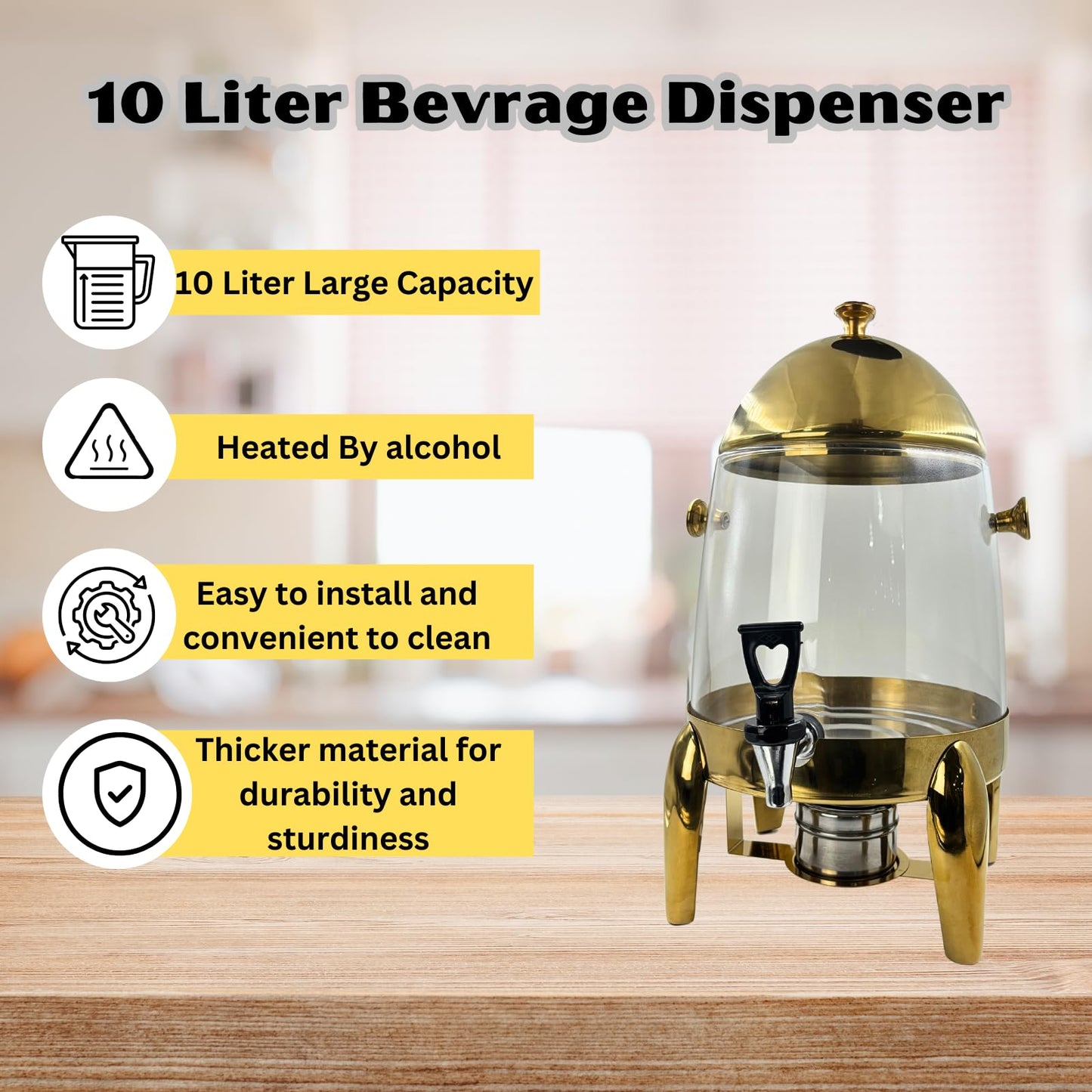 Gurubhai Equipments 10L Glass Beverage Dispenser with Gold Stand – Tea, Coffee & Juice Dispenser with Dome Lid | Decorative Drink Dispenser for Parties, Buffets, Catering & Events