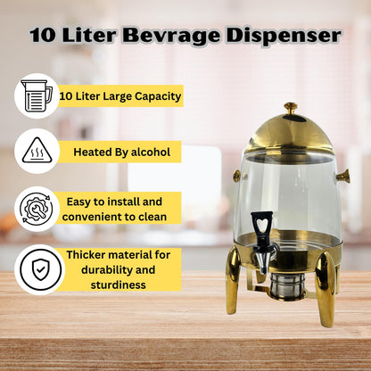 Gurubhai Equipments 10L Glass Beverage Dispenser with Gold Stand – Tea, Coffee & Juice Dispenser with Dome Lid | Decorative Drink Dispenser for Parties, Buffets, Catering & Events