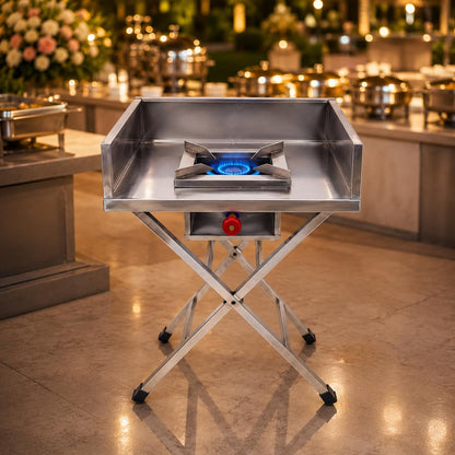 Gurubhai Equipments Stainless Steel Folding Single Burner Gas Stove – Portable Bhatti Range with Side Wall & Control Valve | Ideal for Outdoor Catering, Food Stalls & Commercial Use