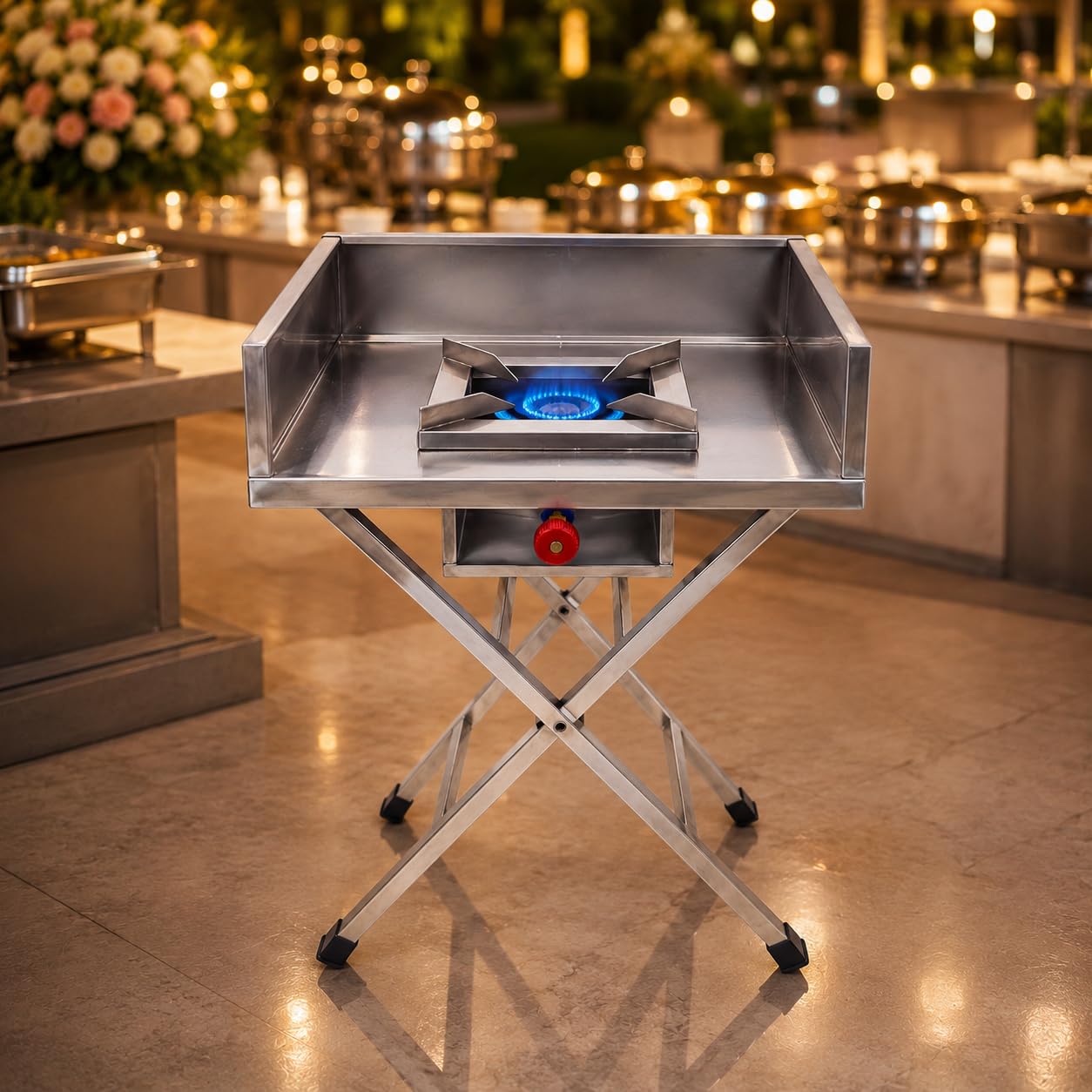 Gurubhai Equipments Stainless Steel Folding Single Burner Gas Stove – Portable Bhatti Range with Side Wall & Control Valve | Ideal for Outdoor Catering, Food Stalls & Commercial Use