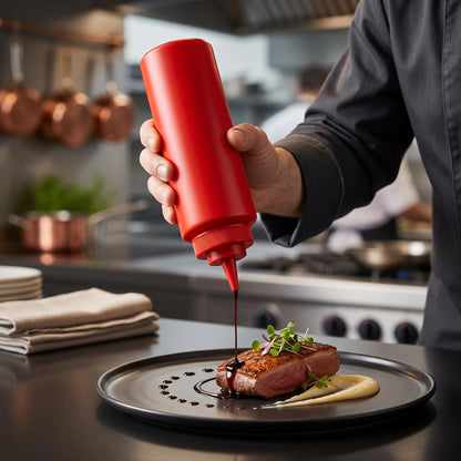 GURUBHAI EQUIPMENTS Ketchup Sauce Bottles | Commercial Squeeze Dispensers for Restaurants, Hotels, Cafeterias & Home Use | Reusable Plastic Bottle for Tomato Sauce, Chutney (SAUCE-BOTTLE-RED-1L-S6)