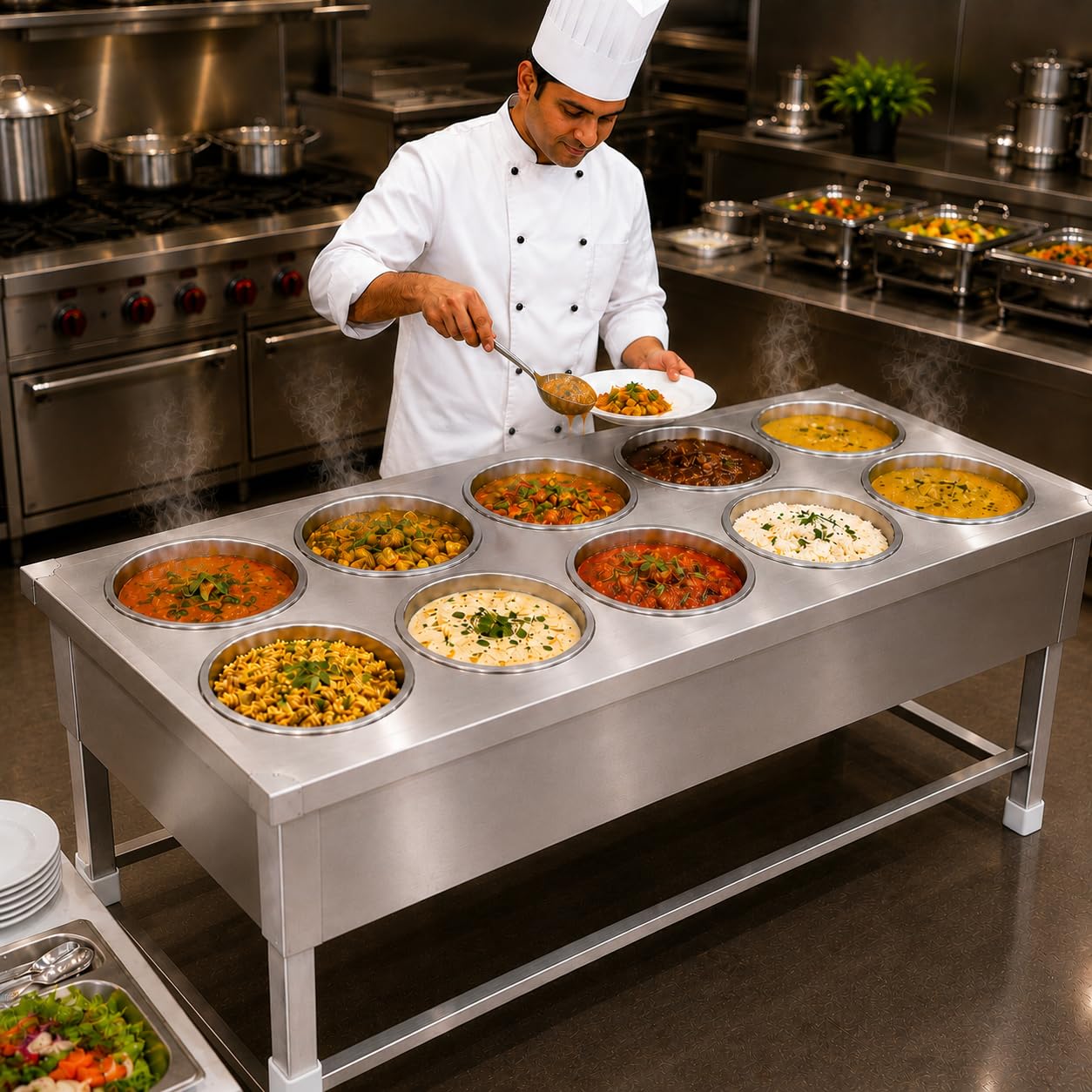 Gurubhai Equipments 10 Pot Electric Bain Marie Commercial Food Warmer Stainless Steel Steam Table Buffet Counter for Hotel Restaurant Catering