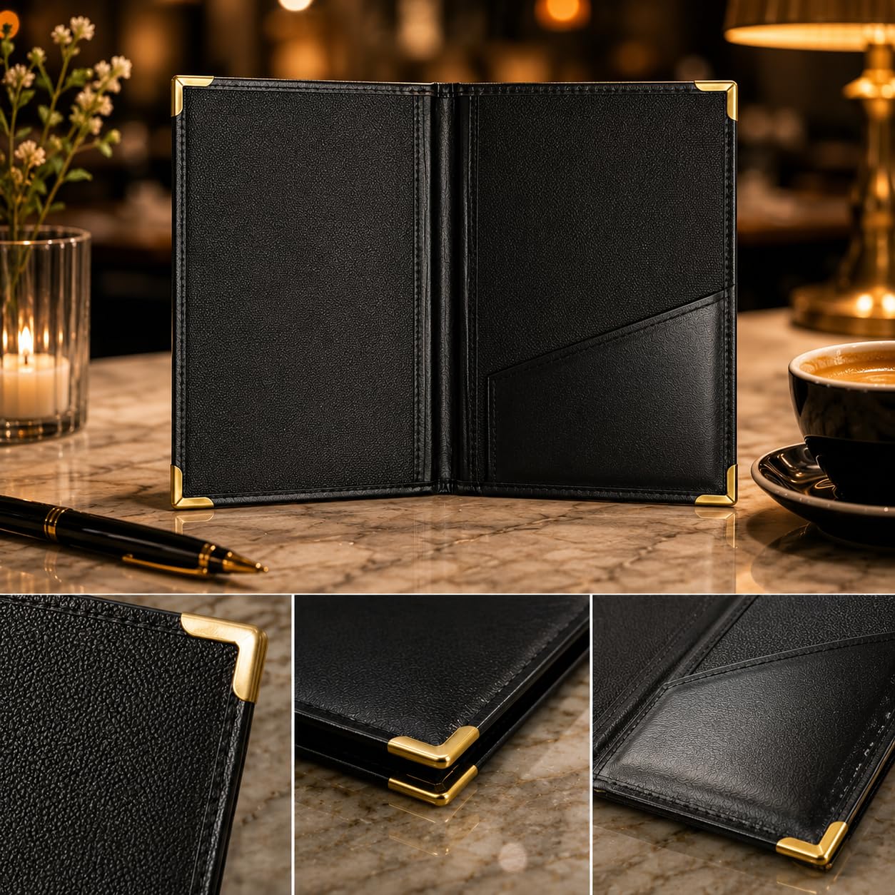 Gurubhai Equipments Set of 6 Bill Folders with Golden Corners | Black Leatherette Menu Holder for Restaurants, Hotels & Cafes | Durable Check Presenters/Receipt Holders for Commercial Use