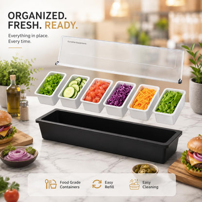 GURUBHAI EQUIPMENTS 4-Compartment Condiment Dispenser with Lid | Salad Bar Container for Restaurant, Buffet, Catering & Home Use | Food Prep Station Organizer with Removable Containers