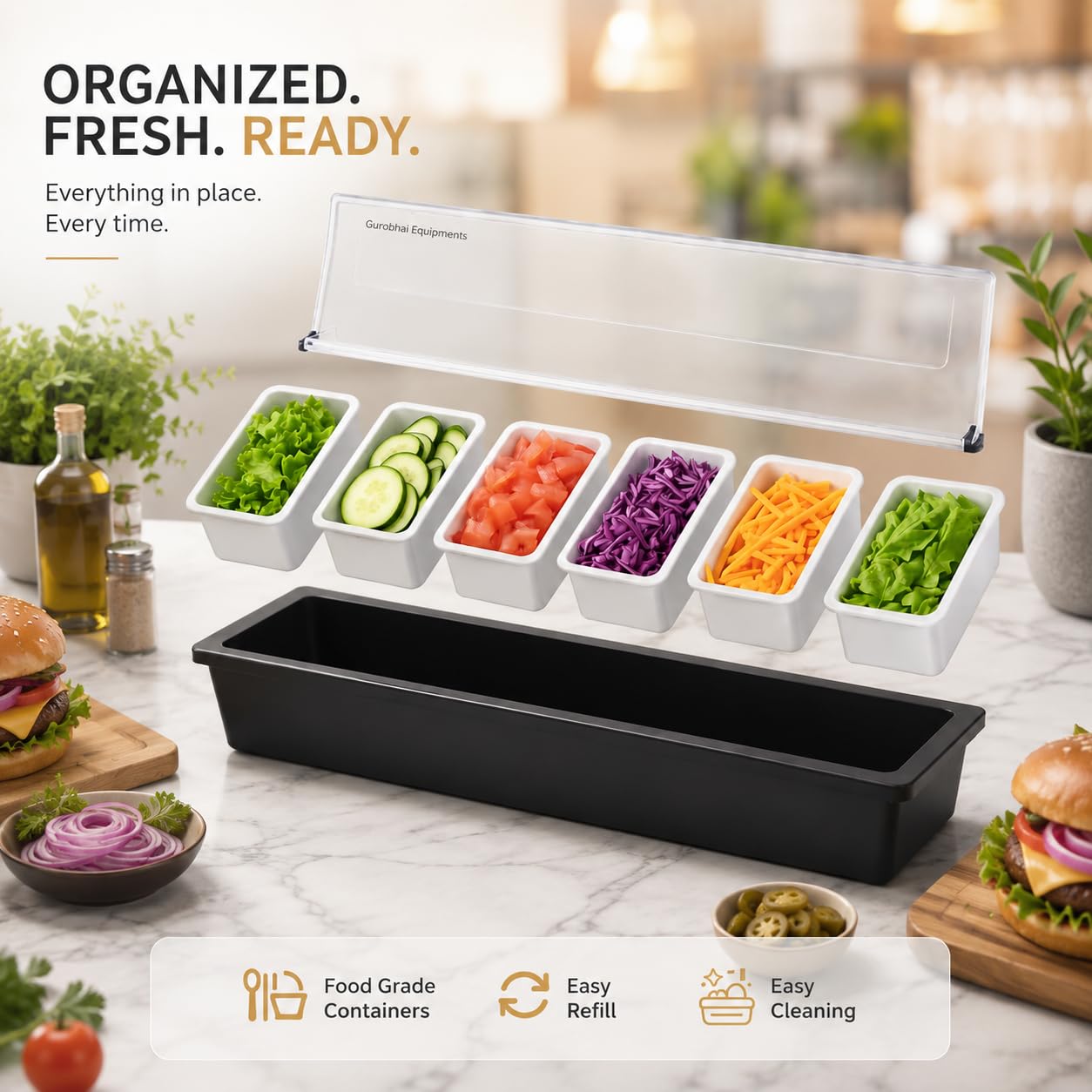 GURUBHAI EQUIPMENTS Commercial Food Condiment Dispenser – 6 GN Pan Salad Bar Station with Transparent Lid | Topping & Sauce Organizer for Restaurants, Cafés & Catering | Garnish Box