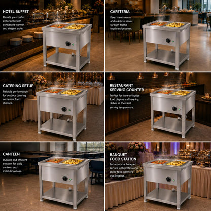 Gurubhai Equipments Electric Autocut Bain Marie Commercial Food Warmer Steam Table Buffet Counter with Undershelf for Restaurant Catering